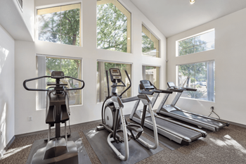 Four treadmill in a row in gym